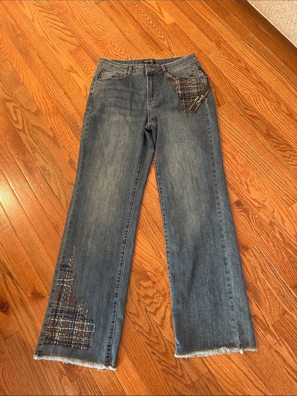 Charlie B Women’s Blue Denim Straight-Leg Jeans with Tweed Patch Detail 12